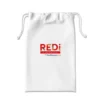 A white drawstring bag with the REDi Mask logo on it.