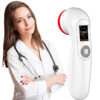 A woman in a white coat is standing next to a REDi CureRay Pro., red light panel, red light therapy professional hand held device